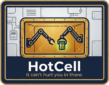the Hot Cell logo: two manipulator arms inside a shielded window, over the tagline "It can't hurt you in there."